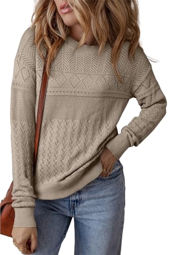 Image of SHEWIN Fall Sweaters for Women Casual Crewneck Long Sleeve Crochet Pullover Tops Sweater