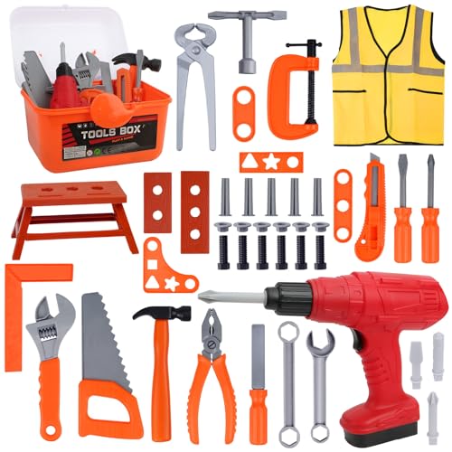 REAQUE Werkzeugkoffer Kinder, 48 Stück Spielzeug-Werkzeugset...