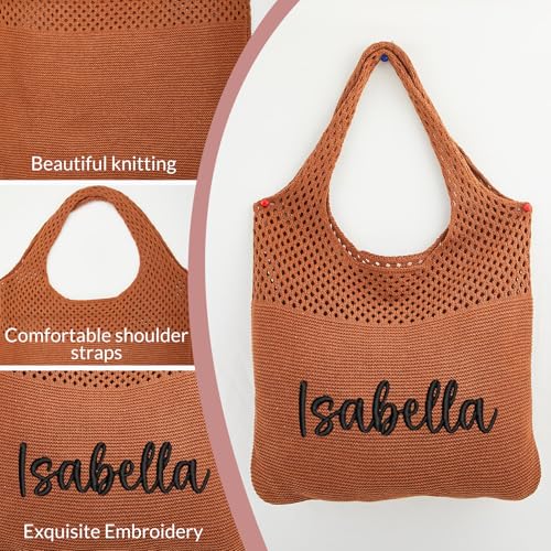 Personalized Knitted Beach Bag with Embroidered Name,Custom Cute Crochet Boho Style Tote Bags for Women Travel,Vacation3