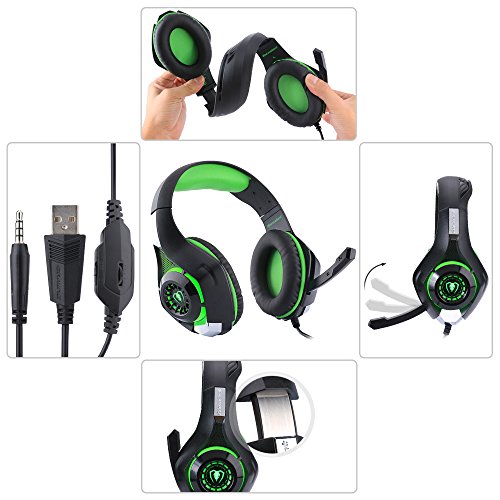 TURN RAISE 3.5mm Stereo Gaming Headset for PS4, PC, Xbox One Controller, Noise Cancelling Over Ear Headphones with Mic, LED Light, Bass Surround, Soft Memory Earmuffs for PC, Laptop,Tablet,Smartphones
