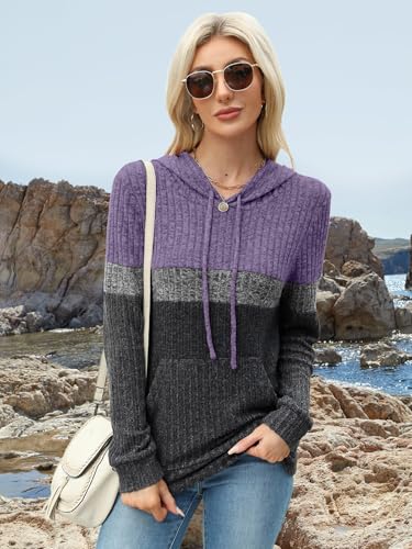 MixShe Women’s Color Block Knit Hoodie – Casual Long Sleeve Pullover Sweater Tops with Pocket