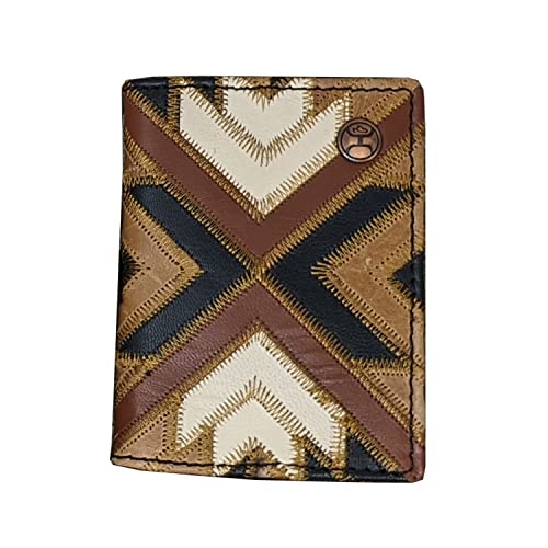 Image of HOOEY Montezuma Men's Leather Bifold Money Clip Wallet - Brown & Black Patchwork Genuine Leather, Slim Western Wallet with ID Window & Card Slots