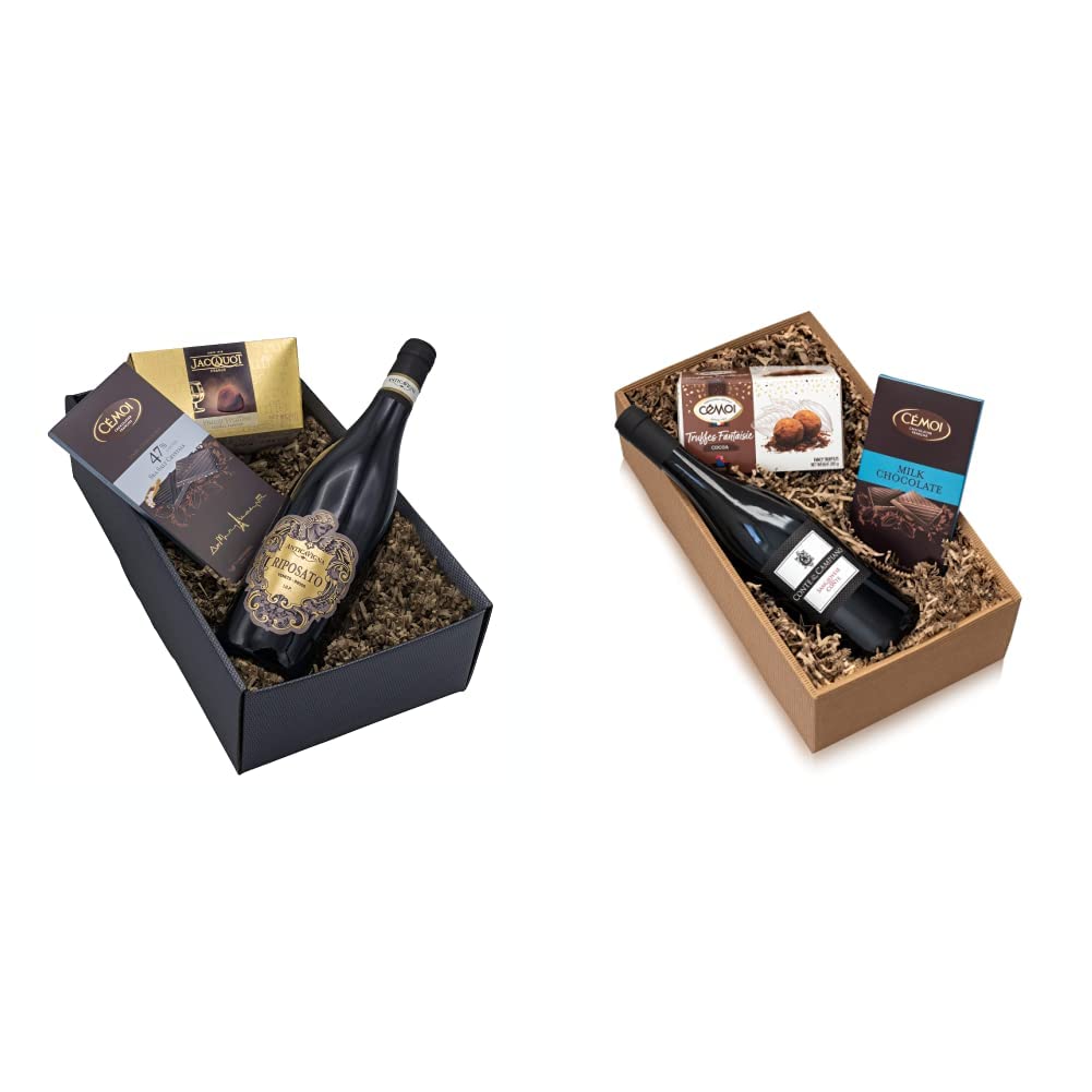 Präsentkorb „Sinneszauber“ Italienischer Rotwein Riposato und französische Schokoladentrüffel & Präsentkorb „Gaumenfreude“ Italienischer Rotwein Sangiovese und französische Schokoladentrüffel