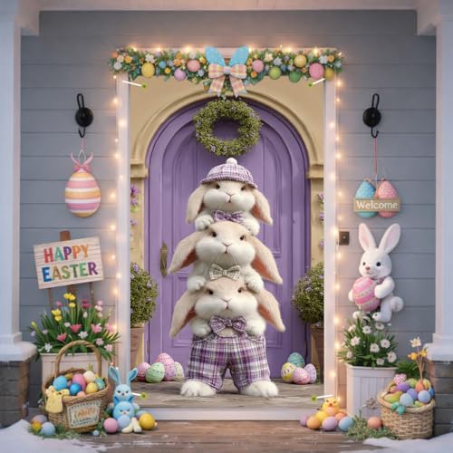 Image of Easter Door Cover Funny Stacked Bunnies Door Banner Happy Easter Door Covers for Front Door Spring Easter Bunny Door Decorations 35x71 Inch