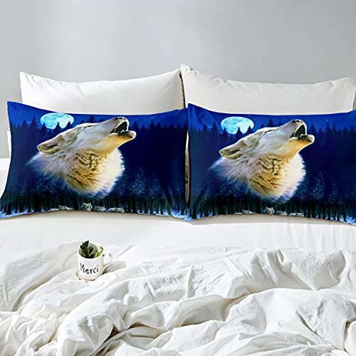 3D Wolf Duvet Cover Kids Moon And Trees Print Bedding Set For Boys Teens 5 Pcs Cool Galaxy Blue Wolf Comforter 3D Starry Sky Print Duvet Cover With 2 Pillow Shams 3D Bedding Soft Bedroom Decor Queen #TOP3