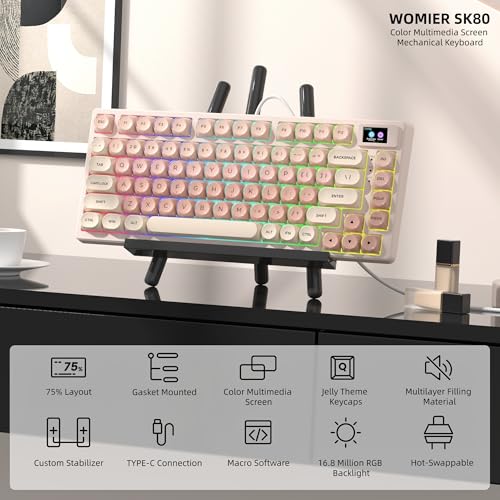 Image of Womier SK80 75% Foundation Mechanical Gaming Keyboard with Color Multimedia Display Pink Creamy Keyboards, Jelly Keycaps Hot Swappable RGB Wired Key Board Pre-lubed POM Switch for Mac /Win, Pink