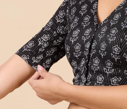 Image of Studio Shringaar Women Cotton Half Sleeve Block Printed Saree Blouse with Stretchable Sides