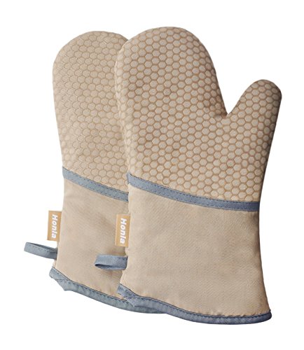 Honla Kitchen Oven Mitts with Non Slip Silicone Printed,1 Pair of Heat Resistant Oven Gloves for Cooking,Baking,Grilling,Barbecue Potholders,Tan