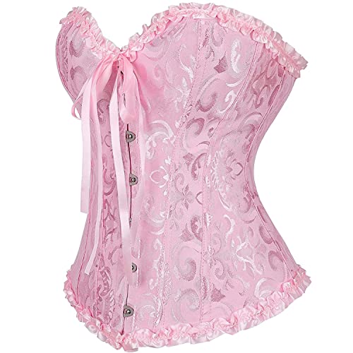 Bi.tencon Sexy Women Corset Tops Vinatge Pink Floral Jacquard Lace Up Boned Overbust Corset Bustier Plus Size Xs #TOP1
