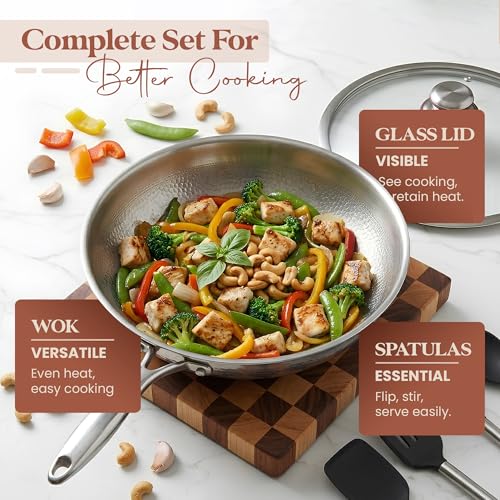 Image of Titanium Frying Pan, Hammered Non-Stick Skillet with Glass Lid & 4 Spatulas, PFAS /PFOA /PTFE-Free, Tri-Ply Stainless Steel, Induction & Oven Safe, Dishwasher Safe Cookware