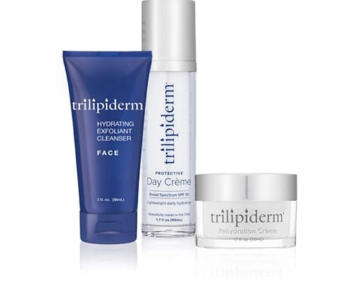 Trilipiderm Paquete de régimen facial esencial limpiador exfoliante hidratante, crema protectora de día, crema nocturna de rehidratación, solución
