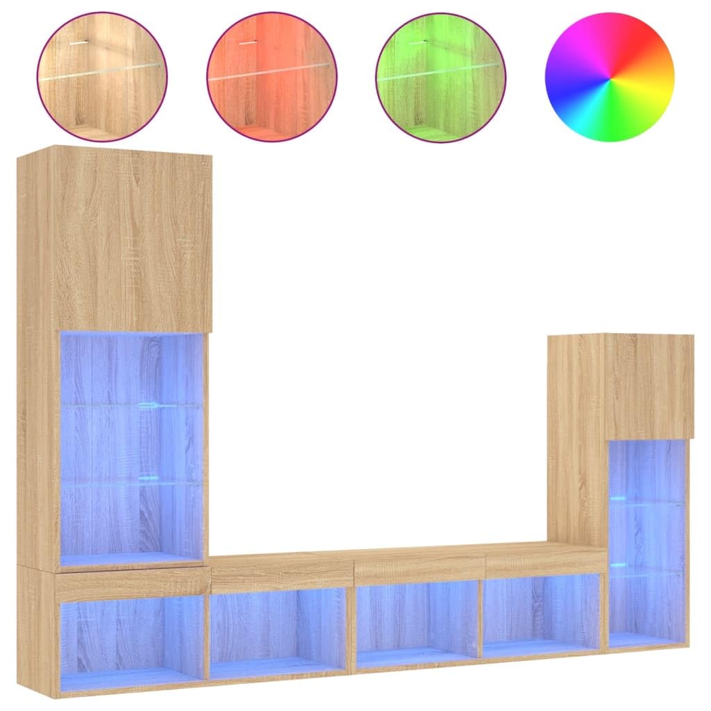 Zestaw ściennych mebli pod TV 4-częściowy z oświetleniem LED RGB, dąb sonoma, szafka wisząca RTV do salonu i biura, meblościanka z dużym miejscem do przechowywania książek i sprzętu multimedialnego