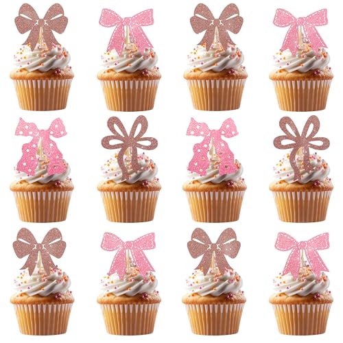 Firleayo 24Pcs Pink Bow Cupcake Toppers Bowknot Cupcake Toppers Coquette Bow Cake Picks Glitter Bowknot Themed Cake Decorations for Girl Birthday Wedding Bachelorette Party