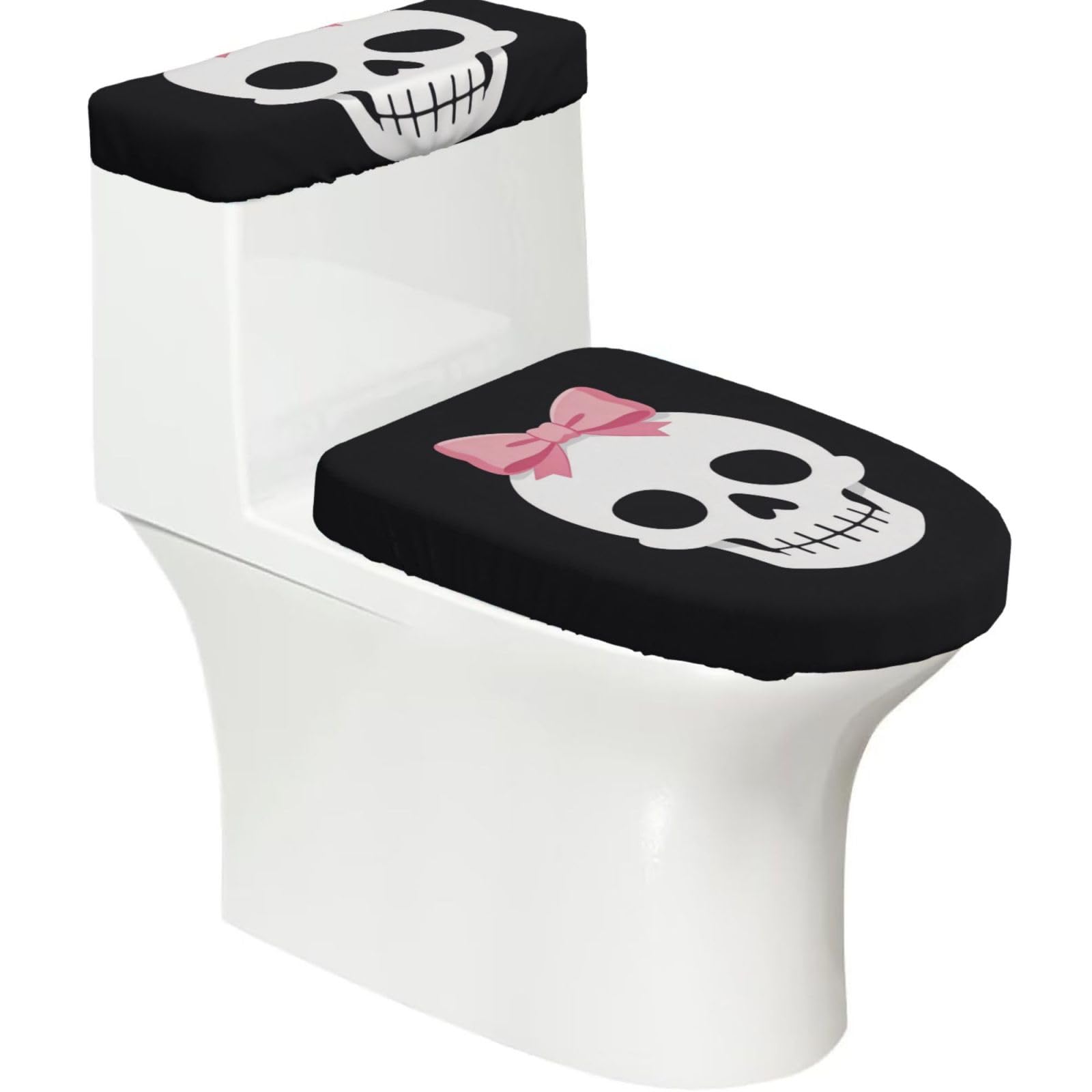 Bow Skull Flat Elastic Toilet Cover Set of 2-Stretchy Lid and Tank Covers for Bathroom, Soft Washable U Shape Toilet Decor