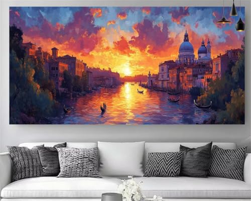 Peinture Diamant Venise 70x140cm Grand Format pour Salon Lumineux Décoration Murale 5D