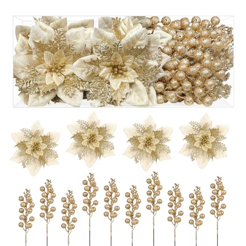 Alupssuc 24 Pieces Christmas Tree Decorations, 12 PCS Gold Poinsettia Flowers Artificial and 12 PCS...