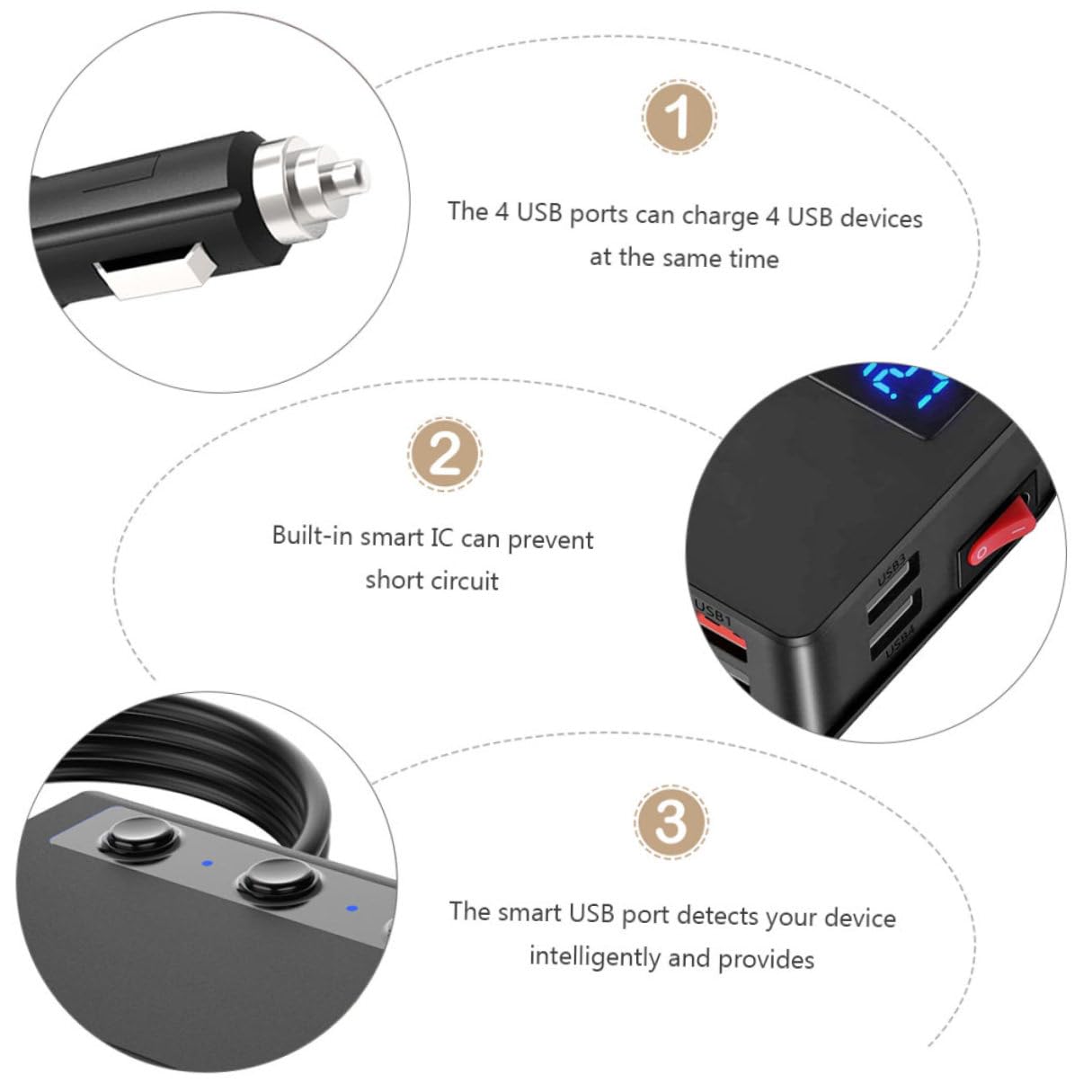 Adattatore Accendisigari Porte con USB Caricatore Auto per Smartphone Tablet e Dispositivi Elettronici Sicurezza con Protezione Cortocircuito e Sovratensione