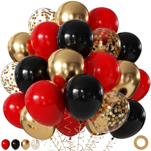 Red Black Gold Balloons 60Pcs 12Inch Red and Black Gold Balloons with Gold Confetti Balloons for Graduation New Year Casino Movies Night Birthday Party Decorations