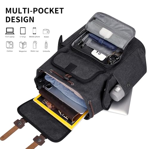 Image of WITZMAN Canvas Backpack for Men Vintage Rucksack Fits 15.6 inch Laptop | Drawstring Backpack, Travel High Capacity Casual Daypack with USB Charging Port, For Vacation, Overnight Trip, A8004 Black