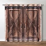 Jekeno Rustic Wood Blackout Curtains Farmhouse Vintage Brown Wooden Barn Door Decor Home Bedroom Living Darkening Grommet Window Drapes 2 Panel Set, 52'x84'