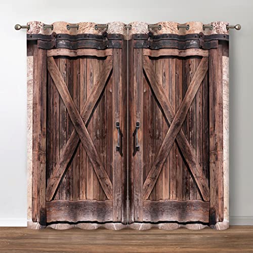 Jekeno Rustic Wood Blackout Curtains Farmhouse Vintage Brown Wooden Barn Door Decor Home Bedroom Living Darkening Grommet Window Drapes 2 Panel Set, 42"x63"