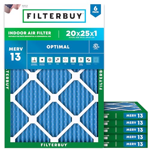 Filterbuy 20x25x1 Air Filter MERV 13 Optimal Smoke & Allergy Defense (6-Pack) Electrostatic Pleated HVAC AC Furnace Filters Replacement Made in USA (Actual Size: 19.50 x 24.50 x 0.75)