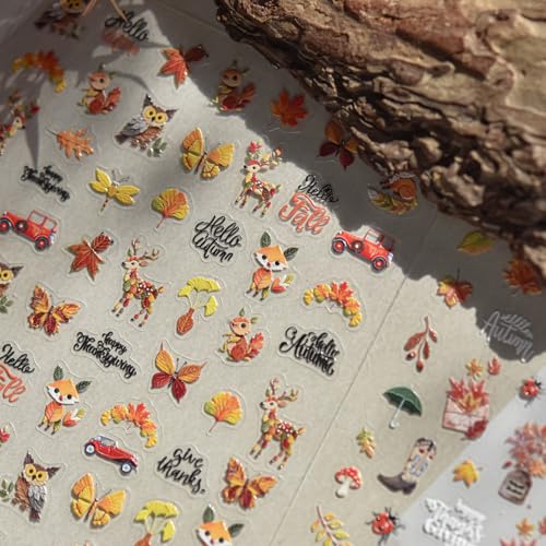 Image of Fall Leaf Nail Art Stickers Fox Deer Nail Decals for Nails Art Autumn Leaf with Design 5D Embossed Self Adhesive Nails Stickers for Women Girls Kid Manicure DIY Decoration