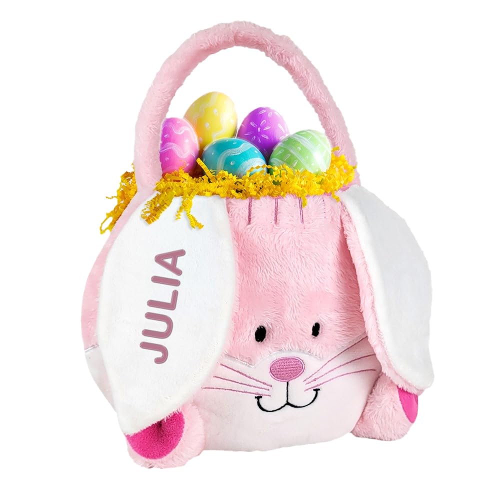 GiftsForYouNow Embroidered Fuzzy Pink Bunny Personalized Easter Basket, Plush Easter Basket for Little Girls, Easter Egg Hunt Tote, Perfect for Toys and Candy, 10