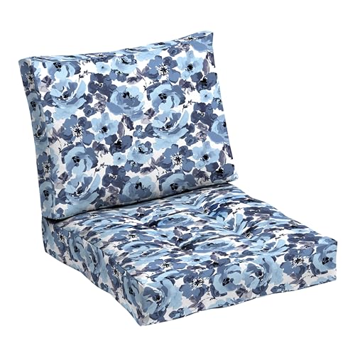Image of ARDEN Outdoor Plush Modern Tufted Blowfill Deep Seat Set, 24 in x 24 in, Weather-Proof, Rain-Proof, Fade Resistant Patio Cushion, Ultra Cozy 24 x 24, Blue Garden Floral