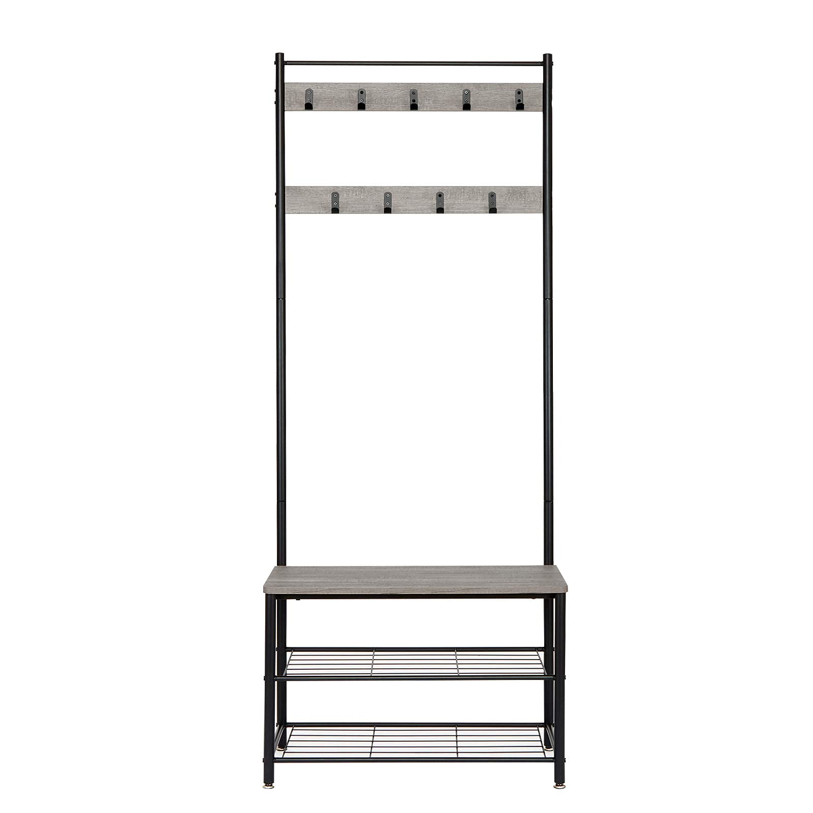 Mondeer Garderobenständer, Schuhregal mit Garderobe, 3 Ablagen und 9 Abnehmbaren Hake, Industrie Design, aus Metall und Holz,70 x 32 x 175 cm, für Flur, Grau