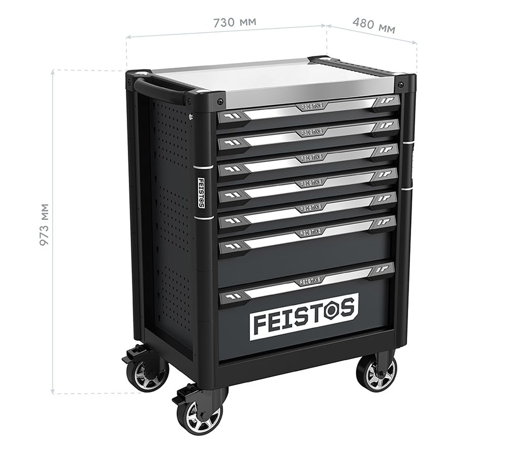 Werkzeugwagen Mento 3 | Werkstattwagen bestückt mit 158 Teilen | Schwarz | 73x48x97 cm | Modular & abschließbar