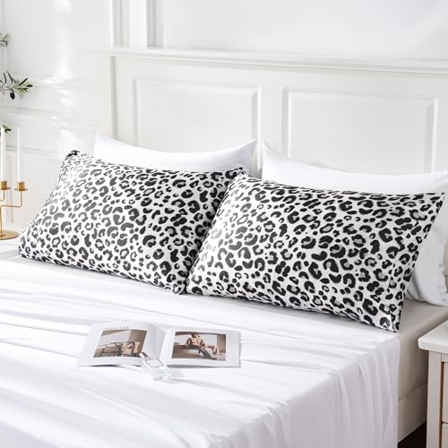 Image of MR&HM Satin Pillowcase for Hair and Skin, Silk Satin Pillowcase 2 Pack, Queen Size Pillow Cases Set of 2, Silky Pillow Cover with Envelope Closure (20x30, White Leopard)
