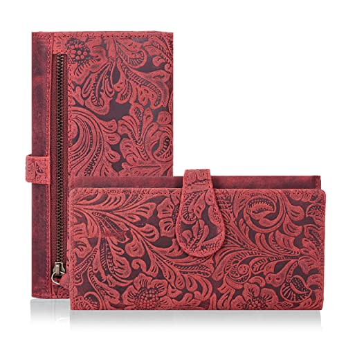 Image of Real Leather Women Wallet Leather with RFID Blocking -Trifold Card Holder Designer Ladies Clutch with ID Window Wallets, Red1, Small, Compact, Minimalist