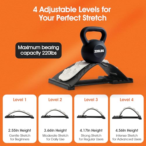 Premium Back Stretcher for Lower Back Pain Relief – 4-Level Adjustable Lumbar Support Board with Soft EVA Massage Strip – Durable & Portable Back Cracker to Release Tension and Reset Your Day (Black)