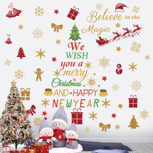 Merry Christmas Quotes Wall Decals Stickers Tree Vinyl Art Decor Wall Stickers Christmas Window Clings Decals Sticker for Wall Kid Living Room Bedroom Decorations
