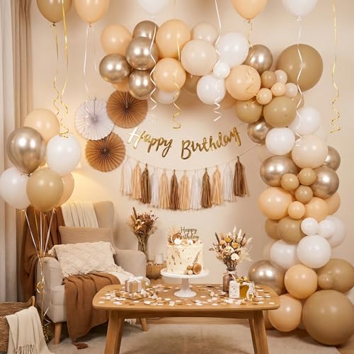 Image of RUBFAC Beige and Champagne Balloons, 65pcs White and Brown Boho Gold Party Balloon for Neutral Birthday Bridal Baby Shower Wedding Party Decorations