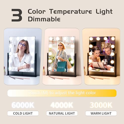 Image of Vanity Mirror with Lights,Lighted Vanity Mirror with 12 Dimmable Bulbs for Dressing Room & Bedroom,3 Color Lighting,Modes Detachable 10x Magnification 360Ratation