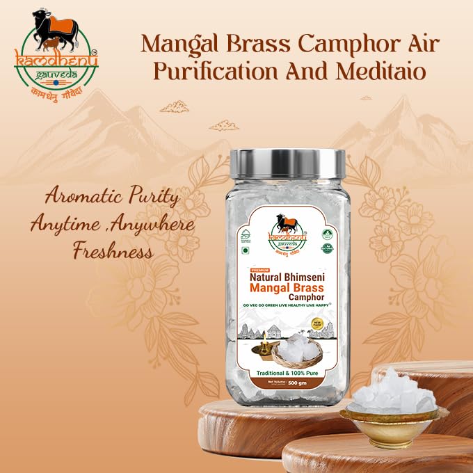 Image of Lab Tested Natural Bhimseni Mangal Brass Camphor | 100% Pure Organic Solid Kapoor for Electric Diffuser, Havan, Aromatherapy | Premium Glass Jar (500gm Pack of 3)