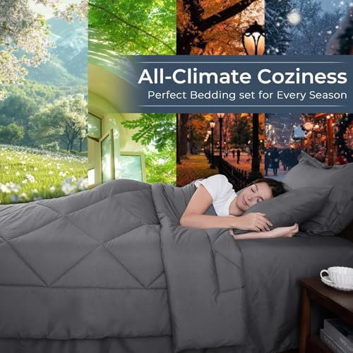 HEVUMYI Twin-XL Comforter Set - 5-Piece All Season Bed in a Bag Twin-XL, Ultra Soft Bedding Set with Comforter, Flat Sheet, Fitted Sheet, Pillowcases, Pillow Shams, Dark Grey
