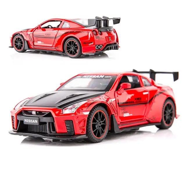 Image of 1:32 Scale Nissaan GTR Model Alloy Metal Pull Back Toy car for Kids with Openable Doors & Light, Music Toy Vehicle for Kids (1:32 Nissaan GTR (Red))