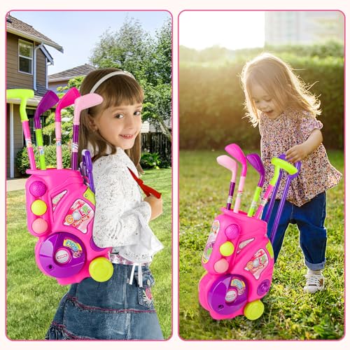 deAO Golf-Set für Kinder | Mini Golfspielzeug mit Tragekoffer auf Rädern, 4 Schlägern, 8 Bällen & 2 Übungszielen | Indoor/Outdoor Spielzeug ab 3 Jahre (Rosa)