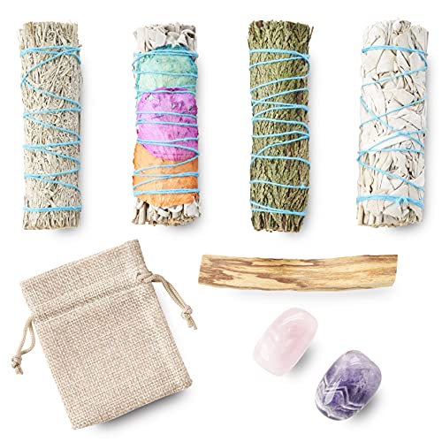 Sage Variety Smudging Kit with Healing Chakra Stones, White Sage, Blue Sage, Cedar, Flower Sage, Rose Quartz & Amethyst