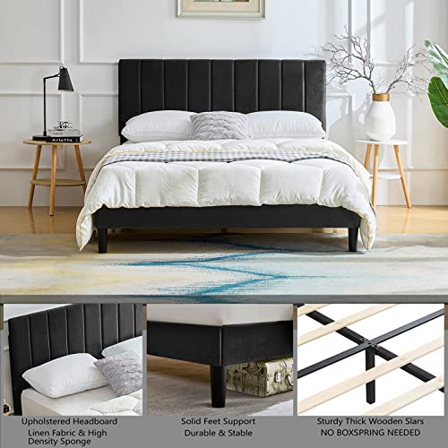 Full Platform Bed Frame Black Velvet Upholstered Bed Frame With Vertical Geometric Adjustable Headboard,Wooden Slats Support,No Box Spring Needed,Mattress Foundation,Easy Assembly,Noise Free Design #TOP4