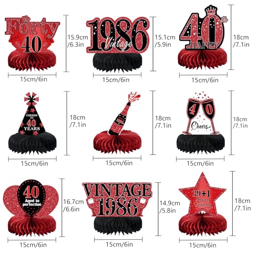 Image of 9Pcs 40th Birthday Decorations Red and Black 40th Birthday Party Decorations for Women,Happy 40 Years Vintage 1986 Aged Honeycomb Centerpieces Table Sign Decor Supplies