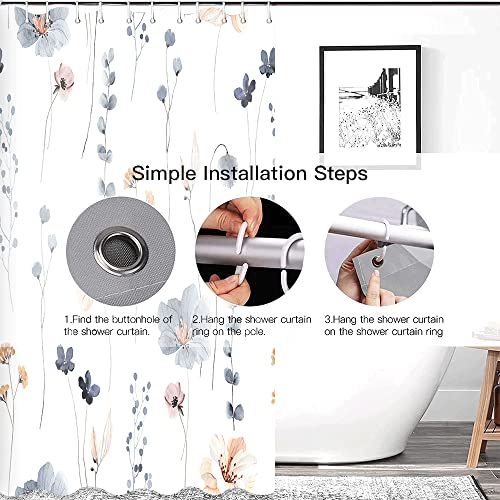 Decoreagy Watercolor Floral Shower Curtain Sets,Blue Beige Flowers Bathroom Curtains,Modern Minimalist White Bath Curtain, Waterproof Fabric With 12 Hooks 72X72 Inches #TOP4