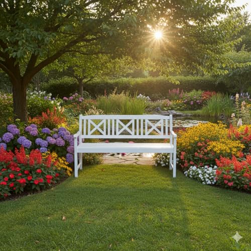 PRESTIGE HOME LIVING OUTDOOR Weiße Gartenbank aus Akazienholz, 3-Sitzer, 150 x 61 x 89 cm