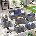 VONZOY 6 Pieces Patio Furniture Set with 44" Gas Fire Pit Table, Outdoor Sectional Conversation Sets, All-Weather Wicker Rattan Sofa w/Gas Fire Pit, Ottoman, Thick Cushion Navy Blue