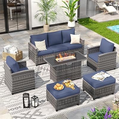 VONZOY 6 Pieces Patio Furniture Set with 44" Gas Fire Pit Table, Outdoor Sectional Conversation Sets, All-Weather Wicker Rattan Sofa w/Gas Fire Pit, Ottoman, Thick Cushion Navy Blue