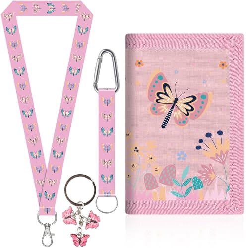 Brustbeutel für Mädchen – Süßer Mini Geldbeutel mit Umhängeband + Schlüsselanhänger | Stylisches Portemonnaie & praktische Dreifach Gefaltete für Münzen, Karten & Scheine (Schmetterling)
