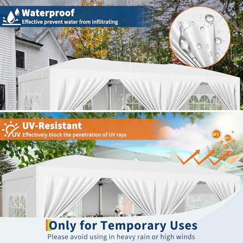 10x20 Heavy Duty Pop Up Canopy Tent with 6 Removable Sidewalls, Easy Up Commercial Canopy Tents for Parties, Large Outdoor Canopies with 3 Adjustable Heights, Stakes X18, Ropes X6,White